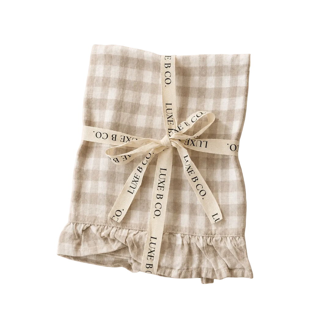 Beige Gingham Linen Ruffle Dish Towel