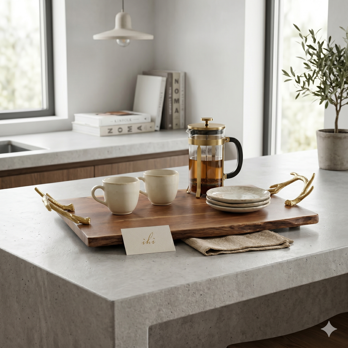 Wood Serving Tray with Gold Antler Handles