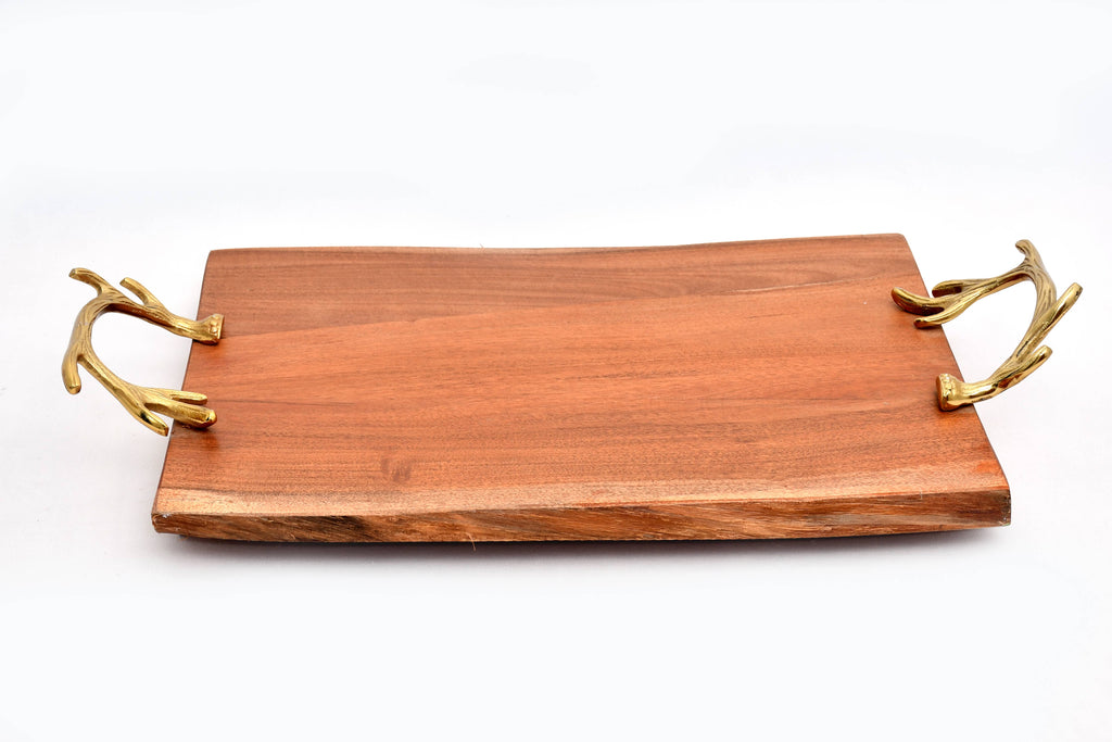 Wood Serving Tray with Gold Antler Handles