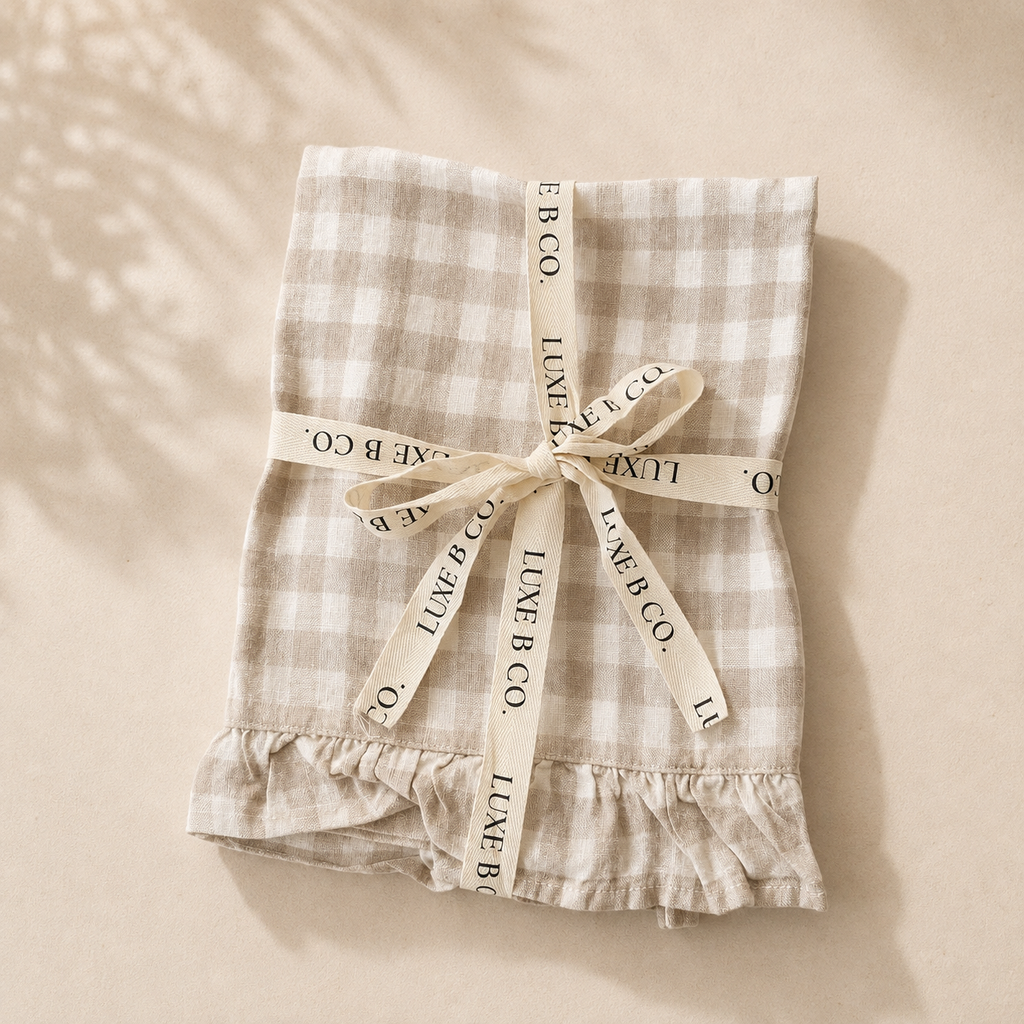 Beige Gingham Linen Ruffle Dish Towel