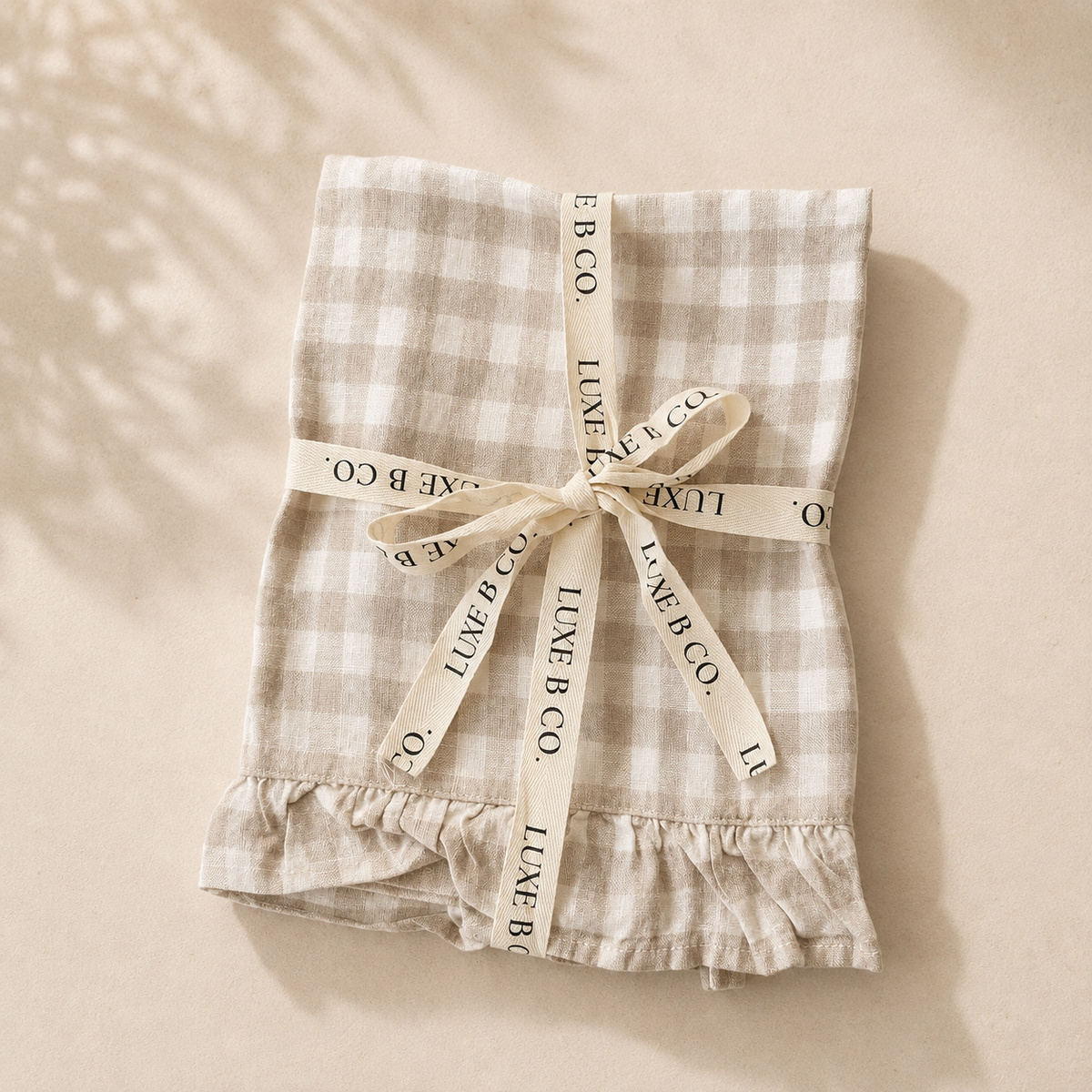 Beige Gingham Linen Ruffle Dish Towel