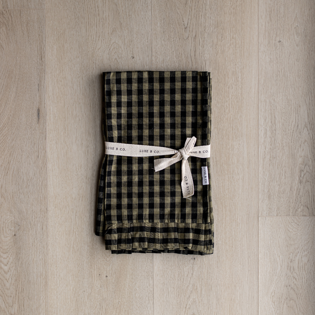 Olive Green Gingham Ruffle Kitchen Towels | Set of 2
