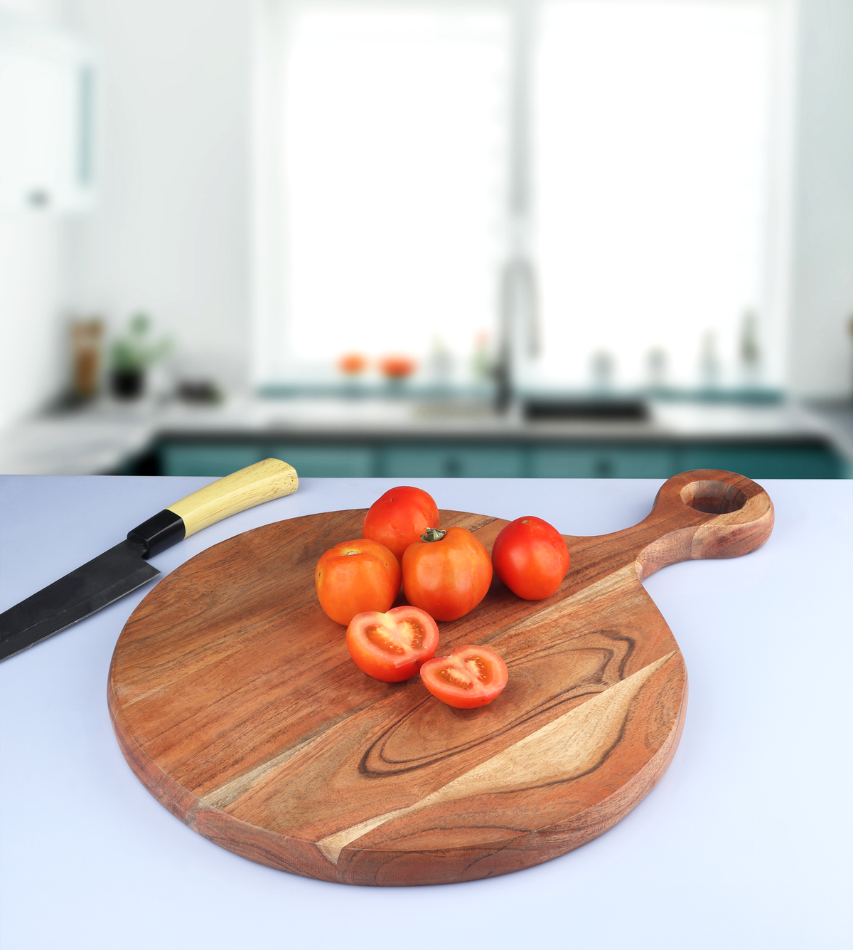 Large Round Acacia Wood Cutting & Serving Board with Handle