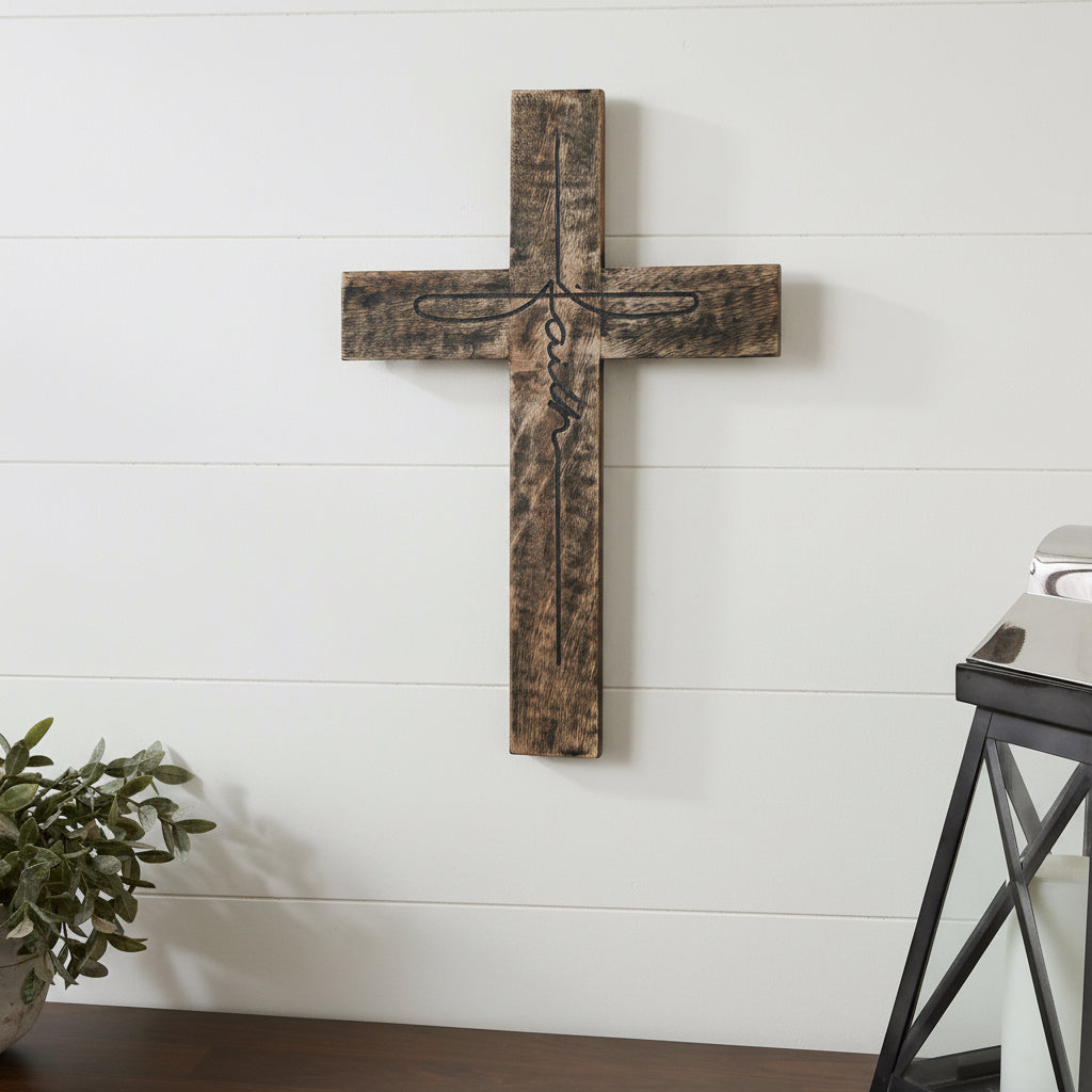 Rustic Solid Wood Faith Cross Wall Decor Distressed 18"