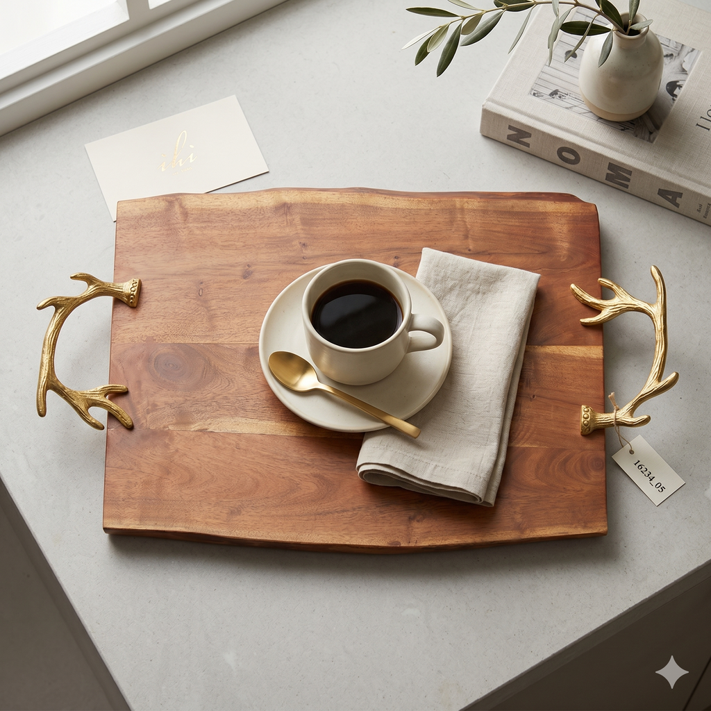 Wood Serving Tray with Gold Antler Handles